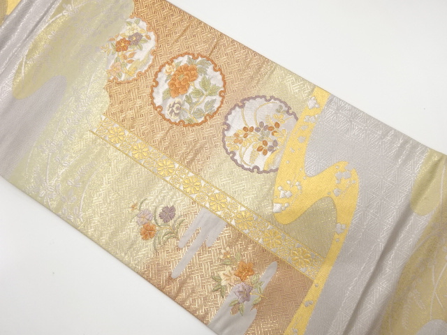 JAPANESE KIMONO / ANTIQUE FUKURO OBI / SILK / WOVEN AUTUMN FLOWERS